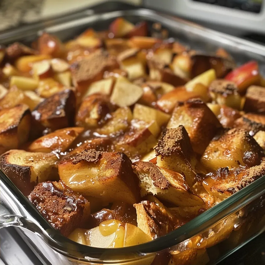 A mouthwatering cinnamon apple baked French toast casserole with a rich, bubbly topping and visible apple chunks, shot from the side.