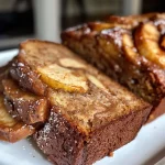 Close-up of a slice of Cinnamon Apple Bread showcasing its moist, dense texture and chunks of apple.
