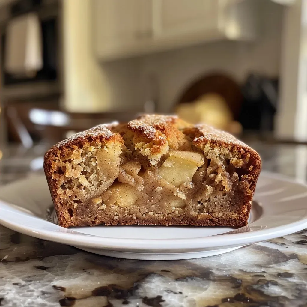 Side view of a freshly baked loaf of Cinnamon Apple Bread with a shiny glaze and cinnamon sugar topping.