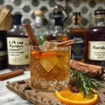 A close-up side view of a Cinnamon Bourbon Old Fashioned cocktail with a brûléed orange slice.