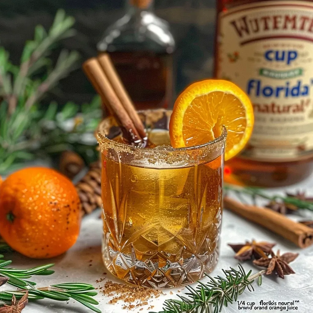 A vibrant Cinnamon Bourbon Old Fashioned drink garnished with rosemary and a caramelized orange slice.