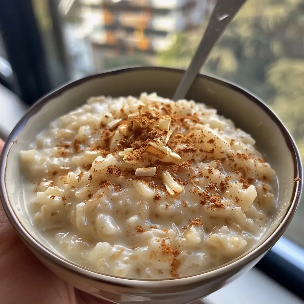 Side view of a delicious bowl of cinnamon protein rice pudding, showcasing its texture.