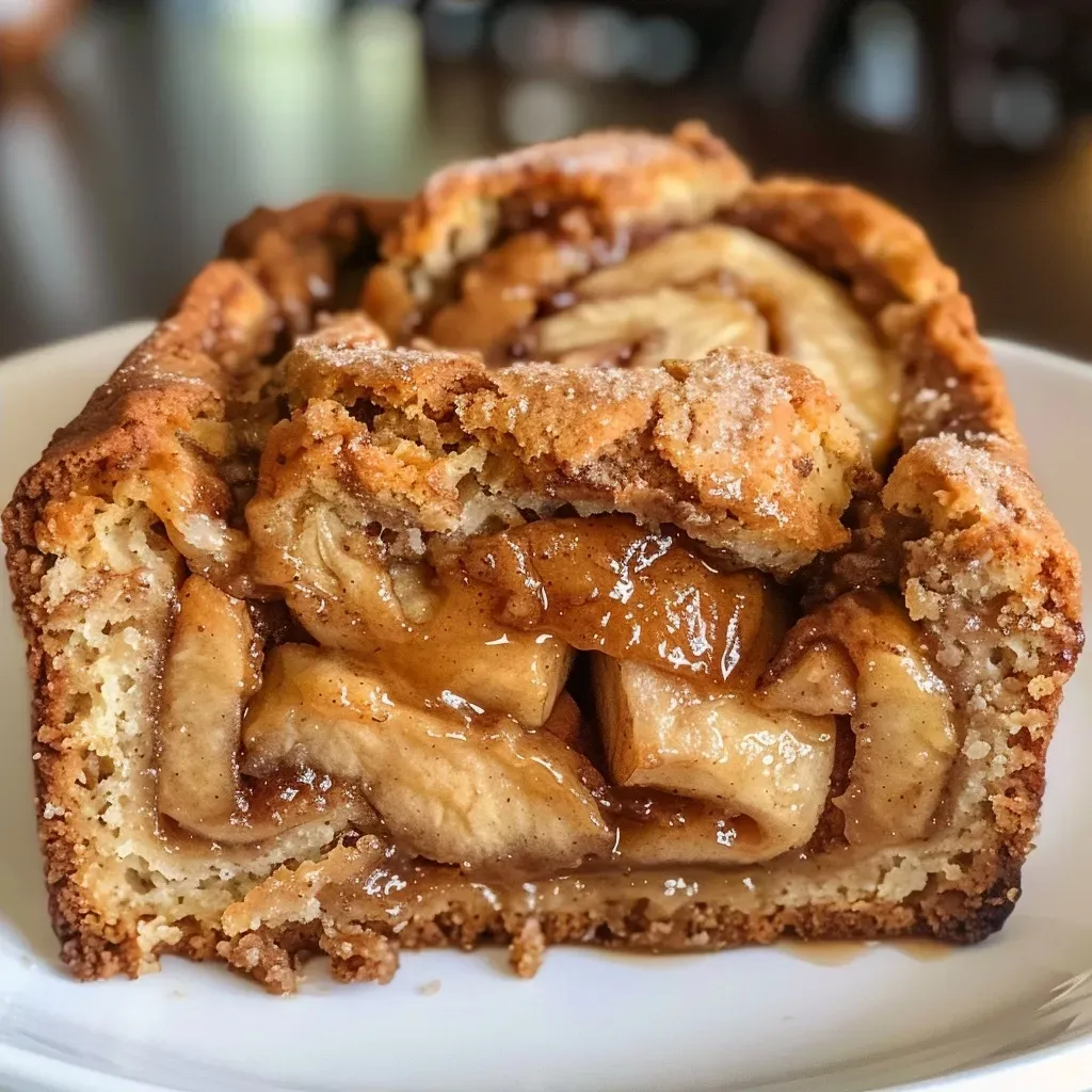 Side view of a slice of Cinnamon Roll Apple Bread, showcasing its soft texture and cinnamon swirl.