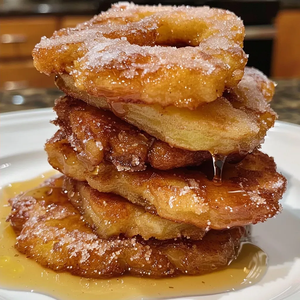 Side angle of juicy apple fritters dusted with cinnamon and sugar, showcasing apple rings.