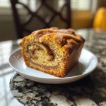 A close-up side view of a loaf of Cinnamon Swirl Pumpkin Bread, showcasing its rich, inviting texture.