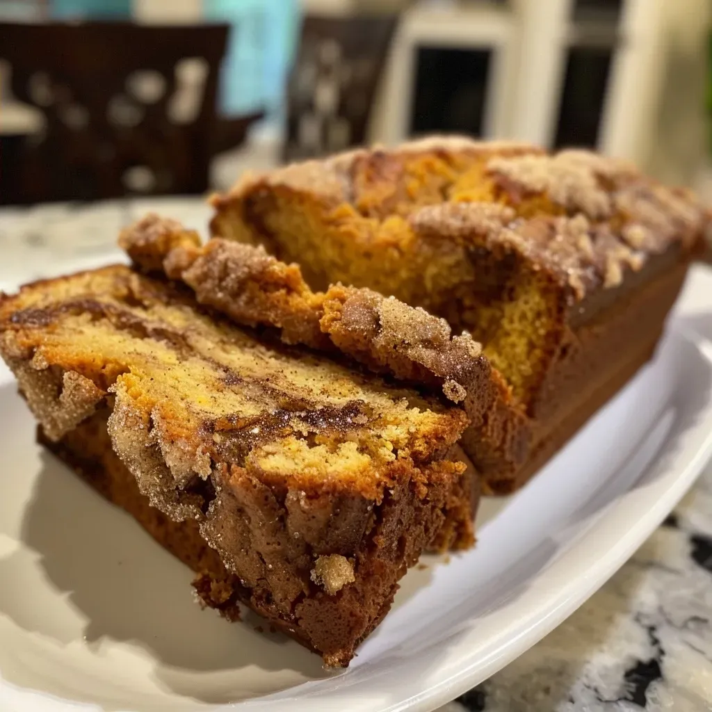 A detailed side shot of Cinnamon Swirl Pumpkin Bread, highlighting its golden crust and cinnamon swirls.