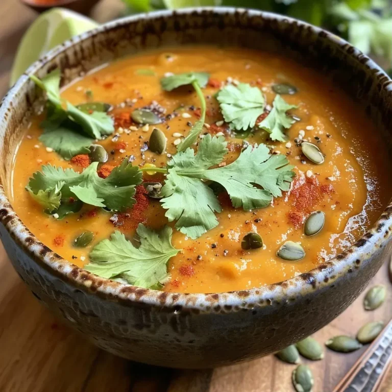 Close-up view of creamy coconut curry pumpkin soup in a bowl with garnishes.