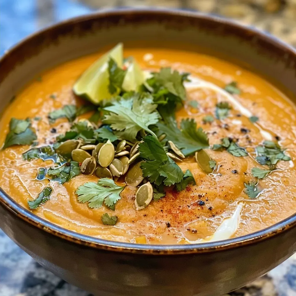 Side view of a vibrant orange coconut curry pumpkin soup with toppings.