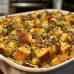 Close-up view of steaming cornbread sausage stuffing with visible herbs and sausage pieces.