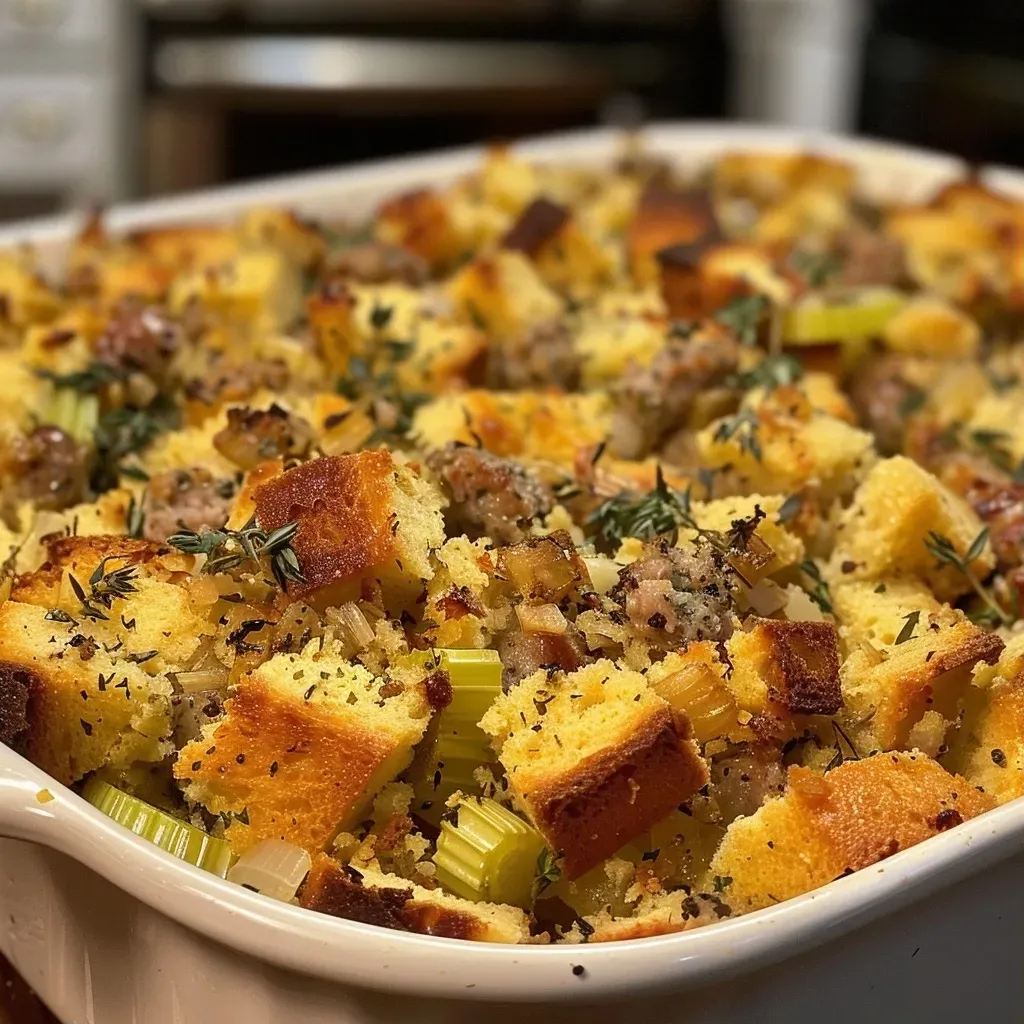 Close-up view of steaming cornbread sausage stuffing with visible herbs and sausage pieces.