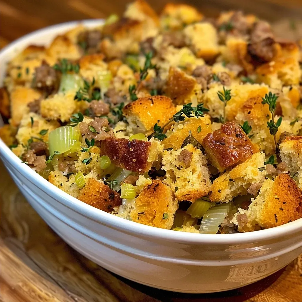 Side angle shot of a dish filled with golden cornbread stuffing, showcasing celery and diced onion.