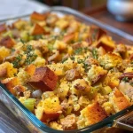 Close-up image of golden cornbread stuffing with herbs and sausage.
