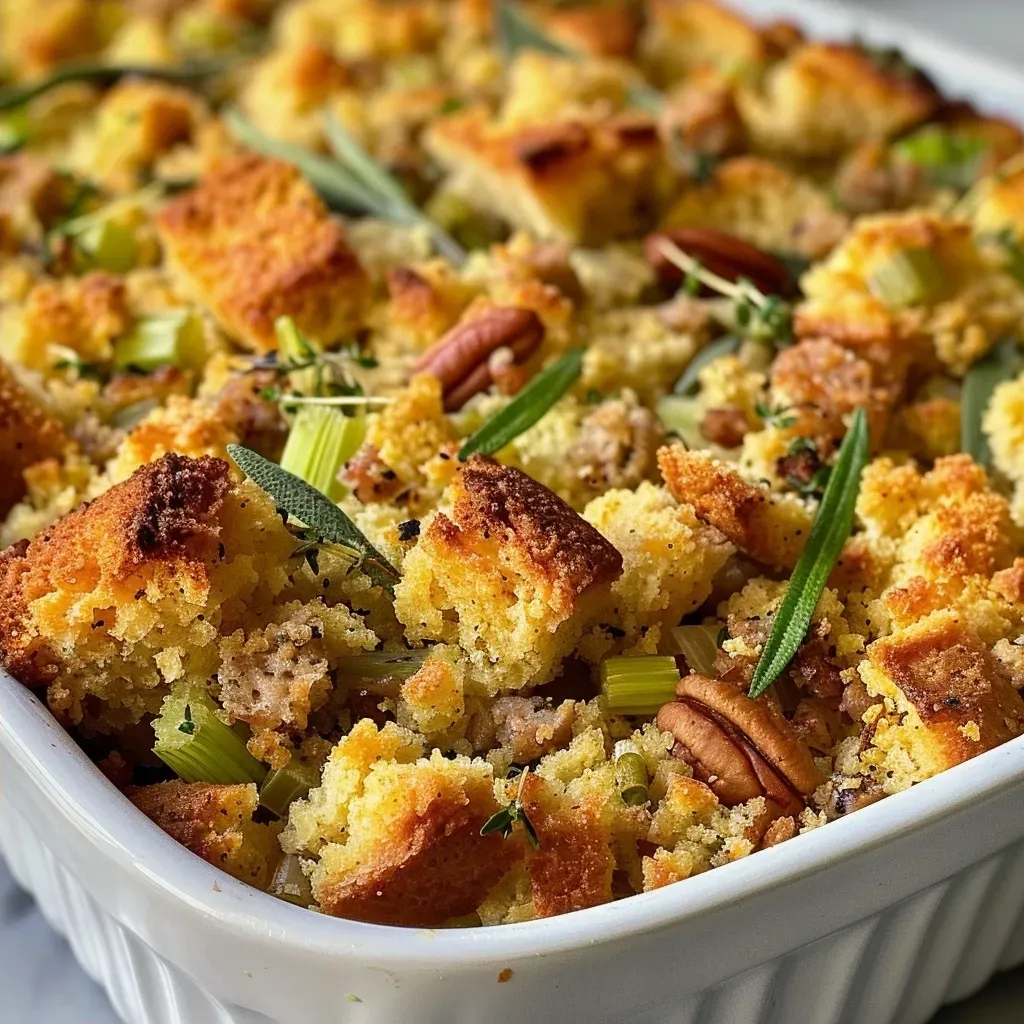 Detailed view of cornbread stuffing showing texture and ingredients.