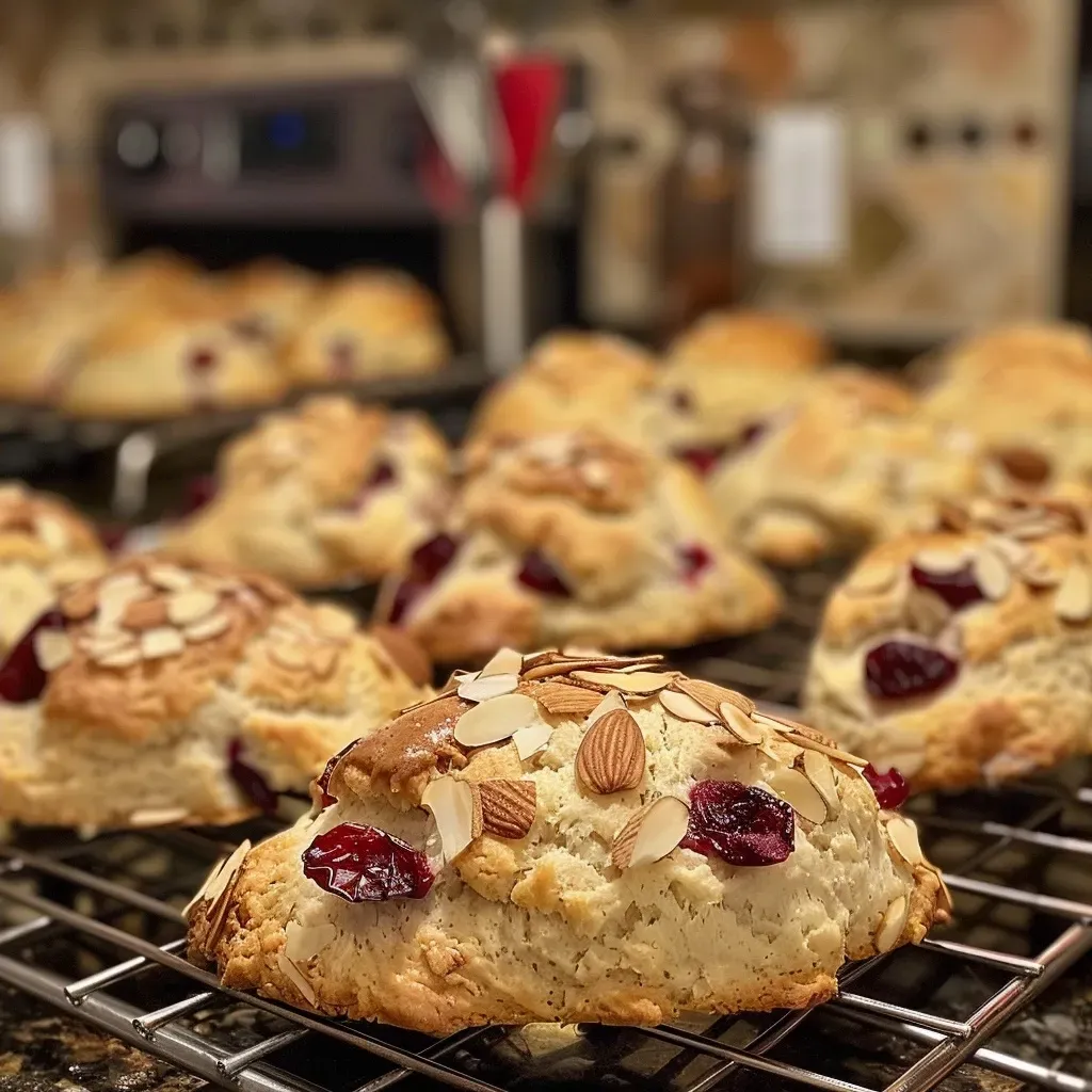 Delicious cranberry almond scones with a flaky texture and a crusty exterior, highlighting the dried cranberries and almond slices.