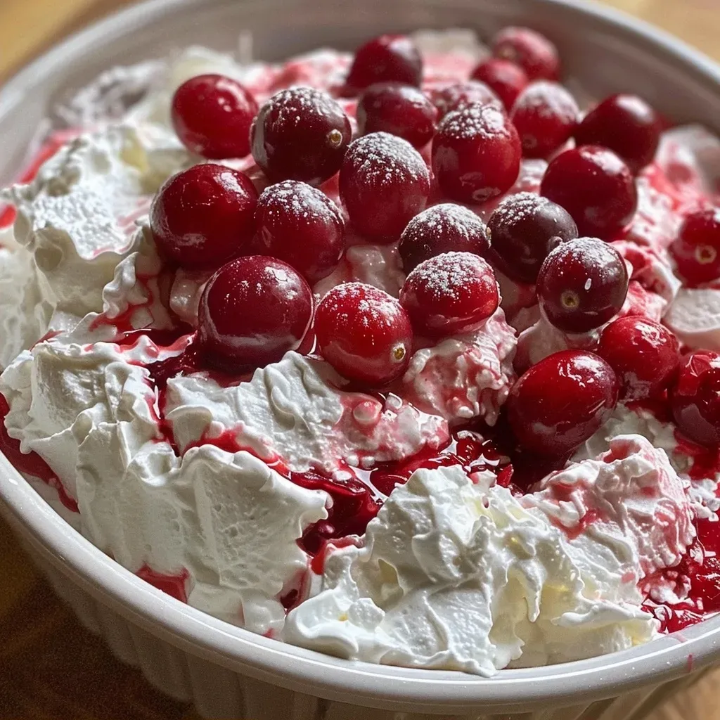 Side profile of a delicious-looking cranberry cheesecake dip garnished with cranberries.