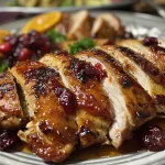 Juicy Cranberry Orange Chicken served on a plate with vibrant cranberry sauce and orange glaze.