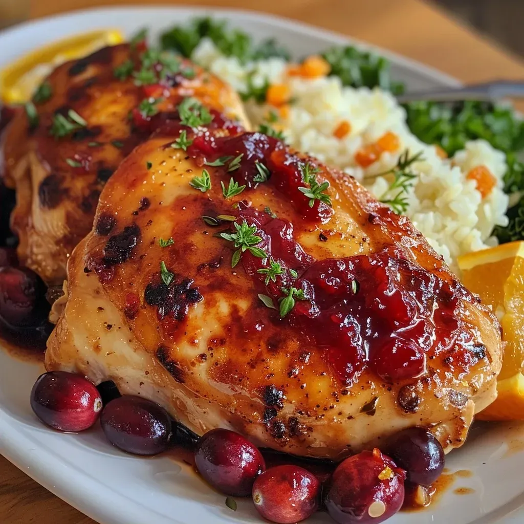 Close-up view of succulent chicken breasts topped with cranberry sauce and orange marmalade.