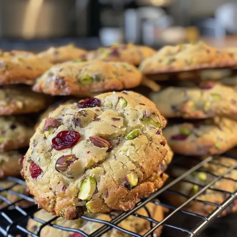 Festive Cranberry & Pistachio Cookies: A Sweet Celebration of Flavor Close-up view of a stack of cranberry and pistachio cookies on a wooden surface.