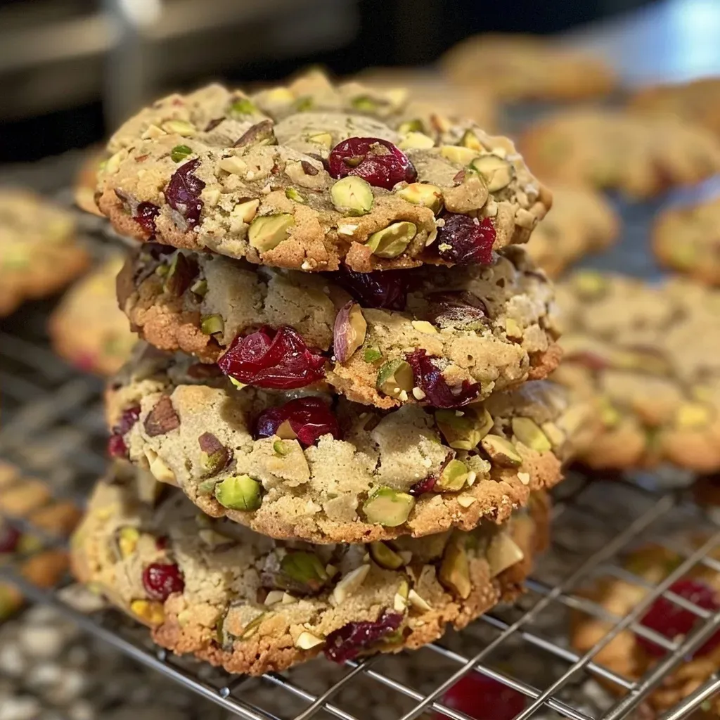 Side profile of delicious cranberry pistachio cookies with a crispy edge and chewy center.