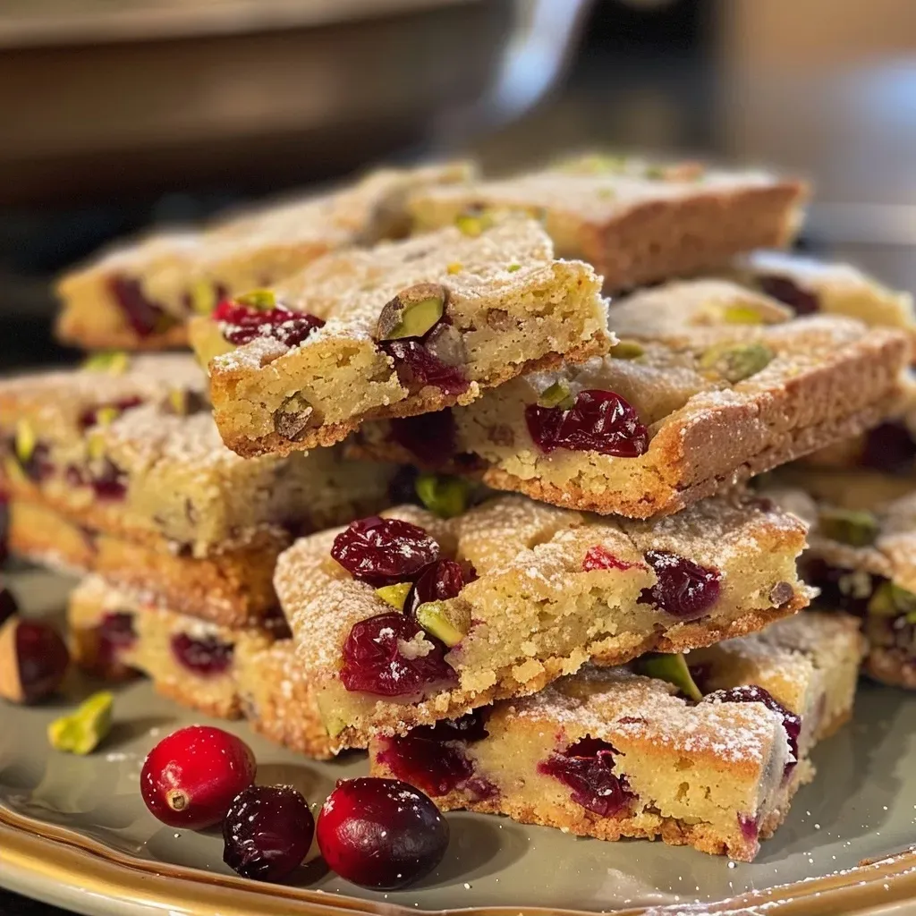 A detailed image of sliced cranberry pistachio shortbread showing its texture and colorful ingredients.