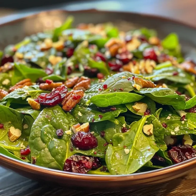 A Spinach Salad Adventure: How Cranberries and Nuts Create a Festive Delight A close-up side view of a vibrant Cranberry Spinach Salad featuring fresh spinach, plump cranberries, and crunchy nuts.