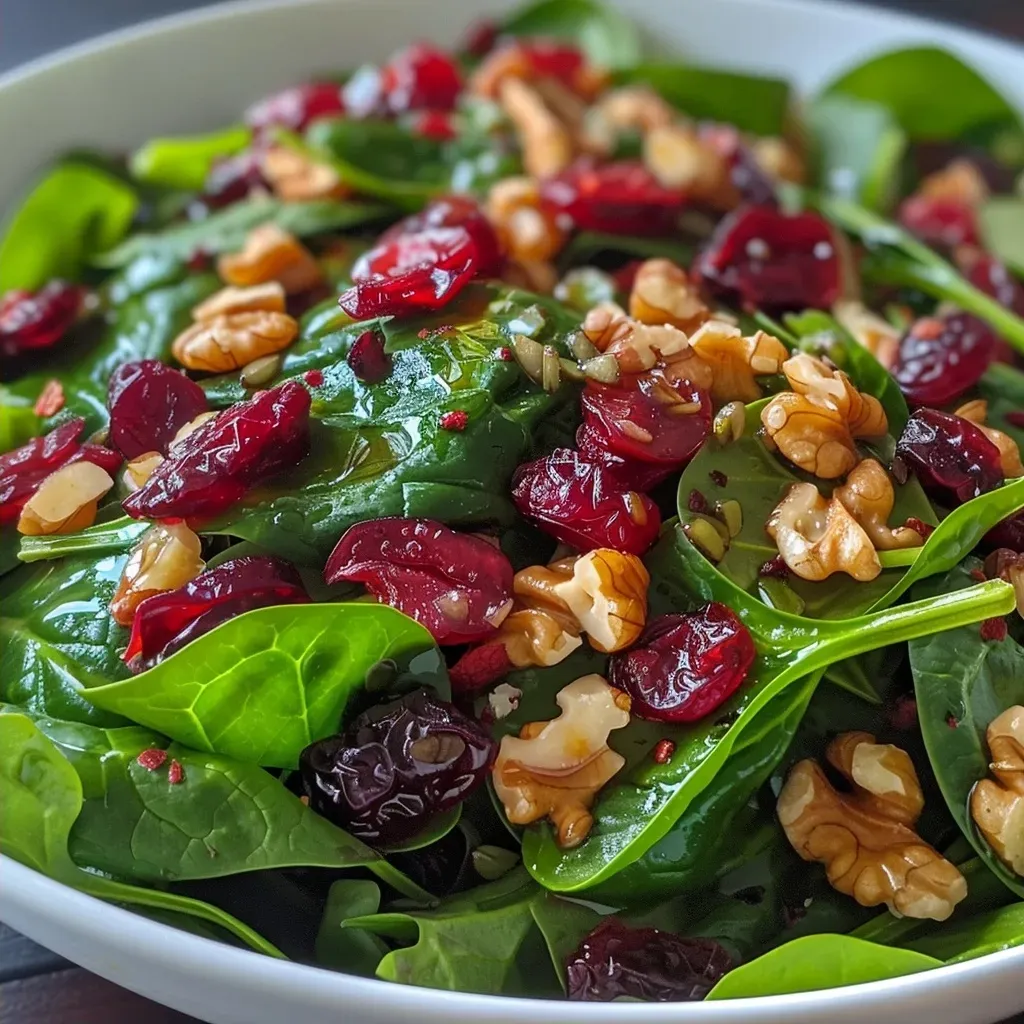 Juicy Cranberry Spinach Salad displayed in a close-up side view, showcasing its rich colors and textures.