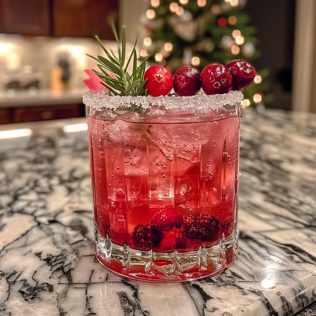 Side view of a refreshing cranberry spritz mocktail in a glass, with decorative cranberries and rosemary.