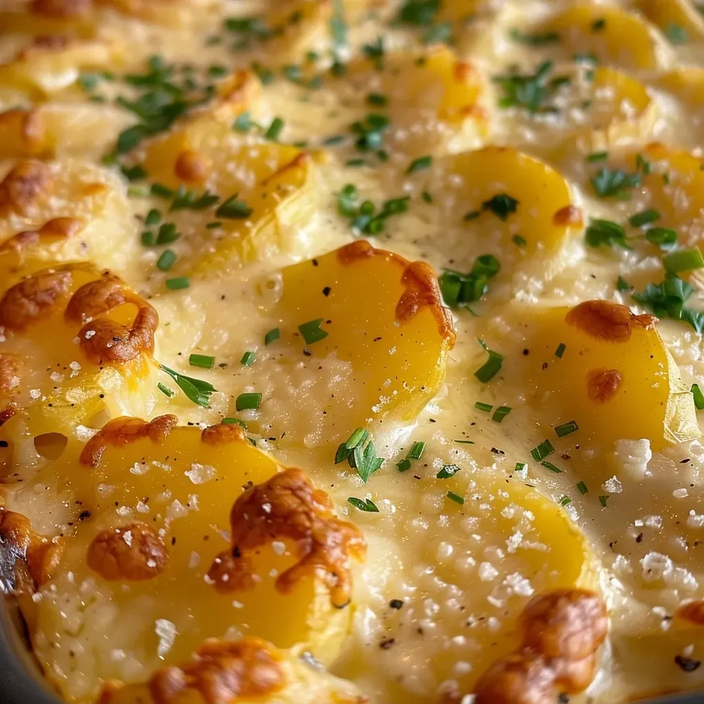 Close-up side view of creamy and cheesy au gratin potatoes in a baking dish, showcasing golden-brown cheese on top.