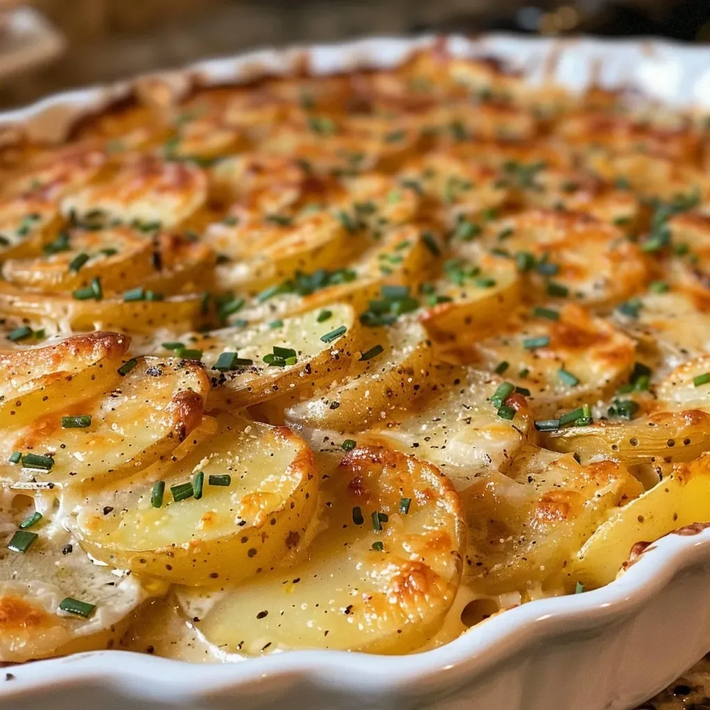 Juicy, layered au gratin potatoes with a gooey cheese crust, captured in a vibrant side view.