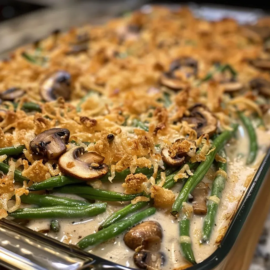 Close-up view of a creamy green bean mushroom casserole topped with crispy fried onions.