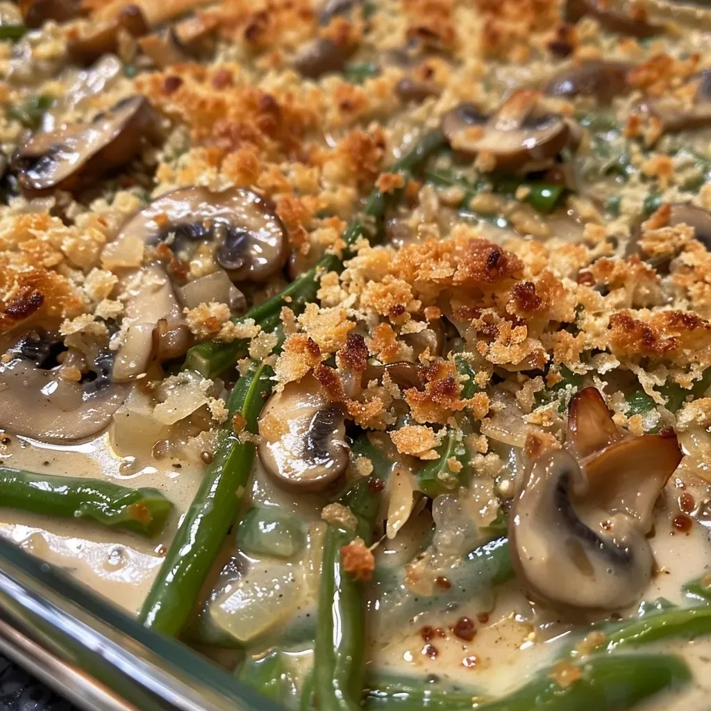 Side perspective of a bubbling green bean mushroom casserole with a golden brown crust.