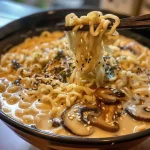 Close-up of creamy mushroom ramen with visible shiitake slices and noodles.