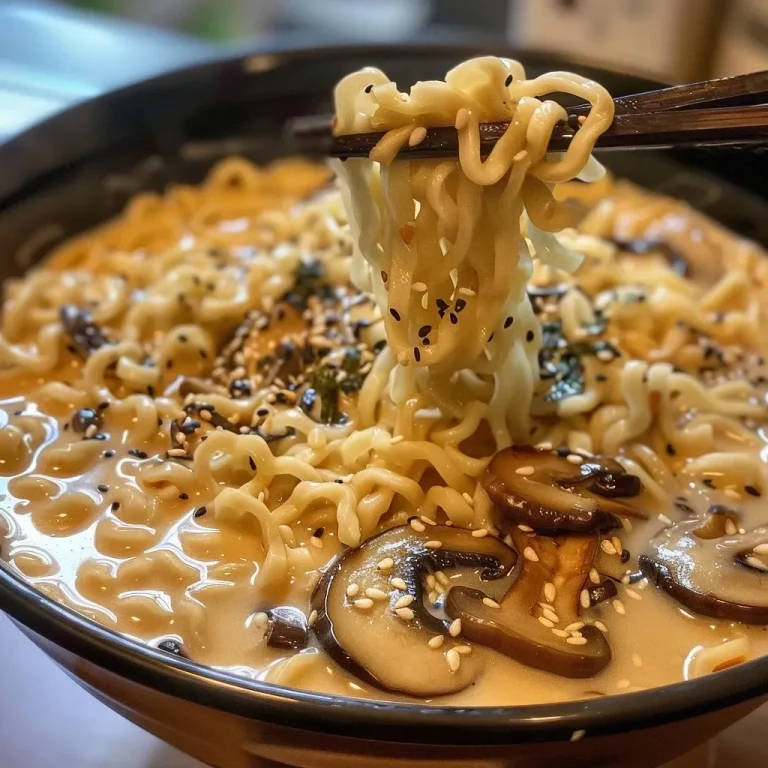 Close-up of creamy mushroom ramen with visible shiitake slices and noodles.