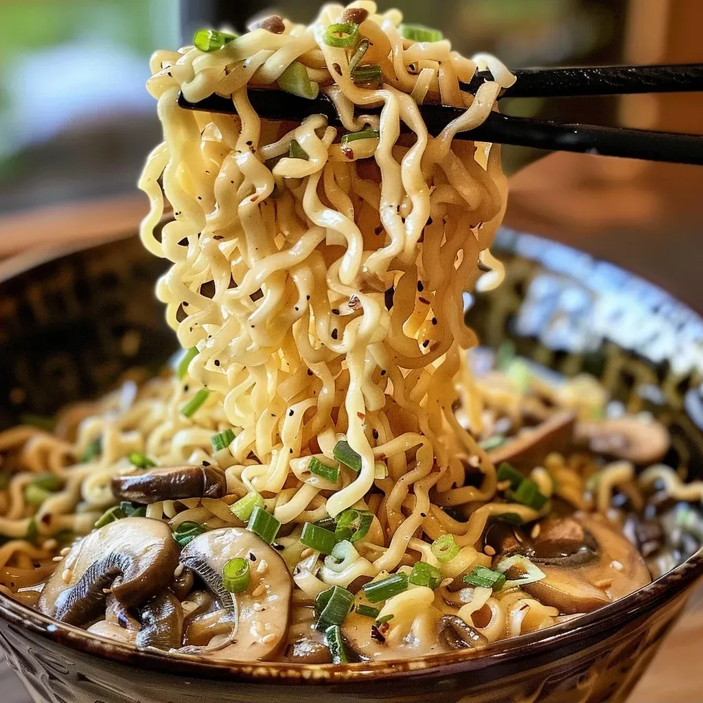 Side view of a bowl of creamy mushroom ramen garnished with mushrooms and garlic.
