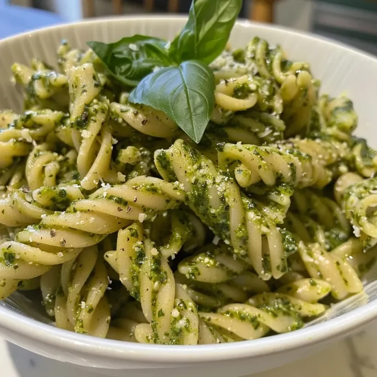 Close-up view of creamy protein pesto pasta with spinach and a sprinkle of parmesan.