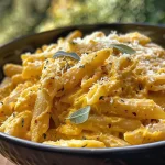 A close-up view of creamy pumpkin Alfredo pasta garnished with fresh sage leaves.