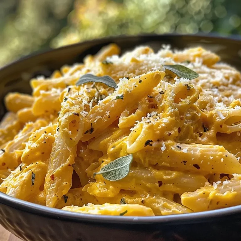 Harvest Harmony: The Creamy Pumpkin Alfredo Pasta That Embraces Autumn A close-up view of creamy pumpkin Alfredo pasta garnished with fresh sage leaves.