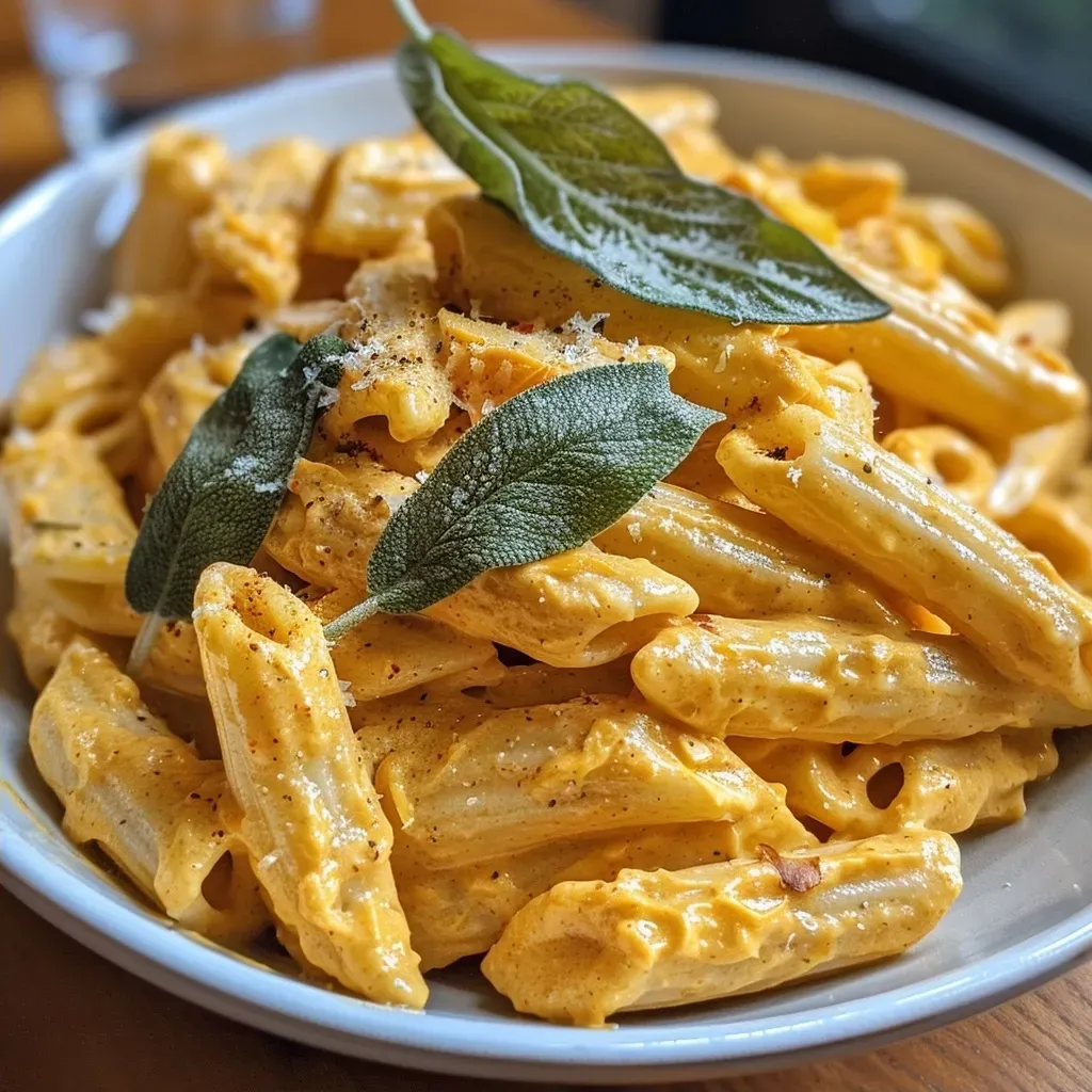 Side view of a bowl filled with creamy pumpkin Alfredo pasta, featuring a rich orange color and grated Parmesan.