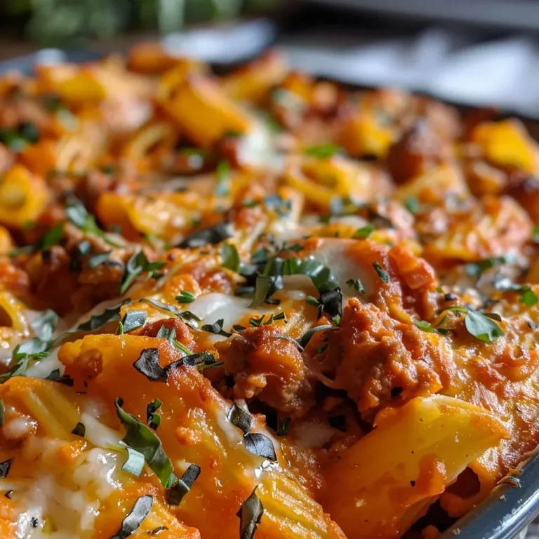 Harvest Flavors: The Creamy Pumpkin Baked Ziti That Transforms Dinner into a Celebration Close-up shot of creamy pumpkin baked ziti, showcasing pasta and melted cheese.