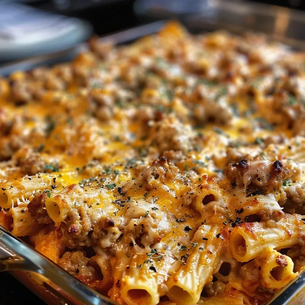Side view of a serving of baked ziti with a creamy pumpkin sauce, garnished with herbs.