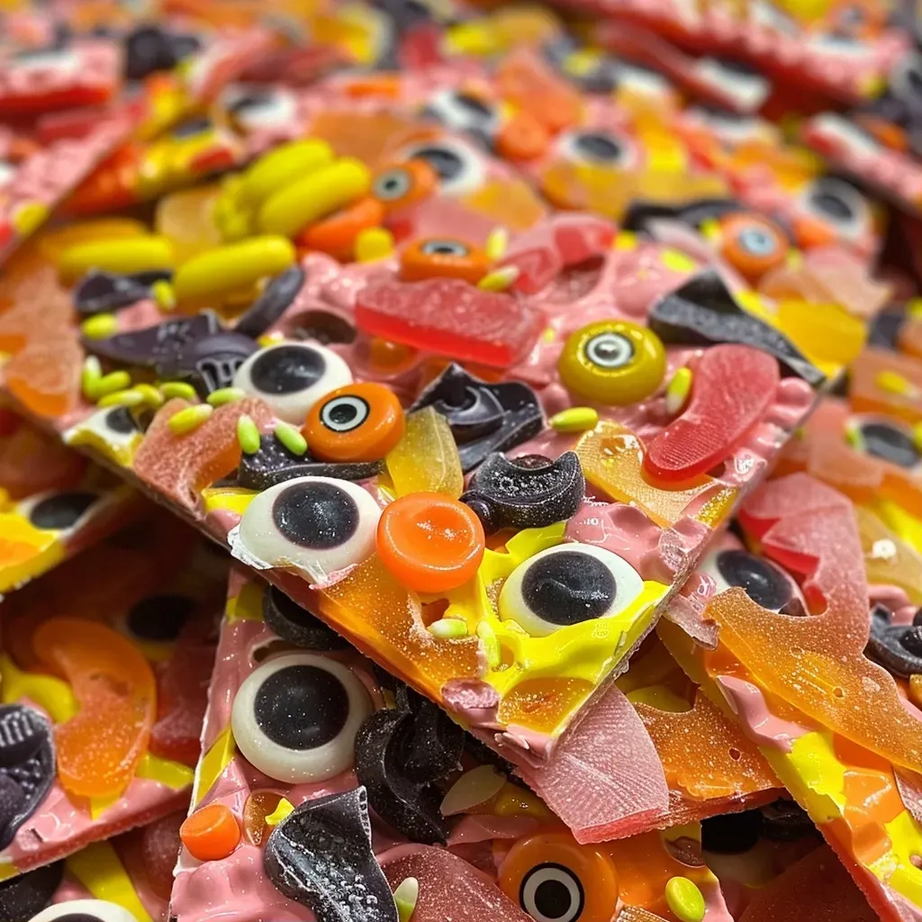 Close-up view of colorful Creepy Cauldron Bark with candy eyeballs and gummy worms.