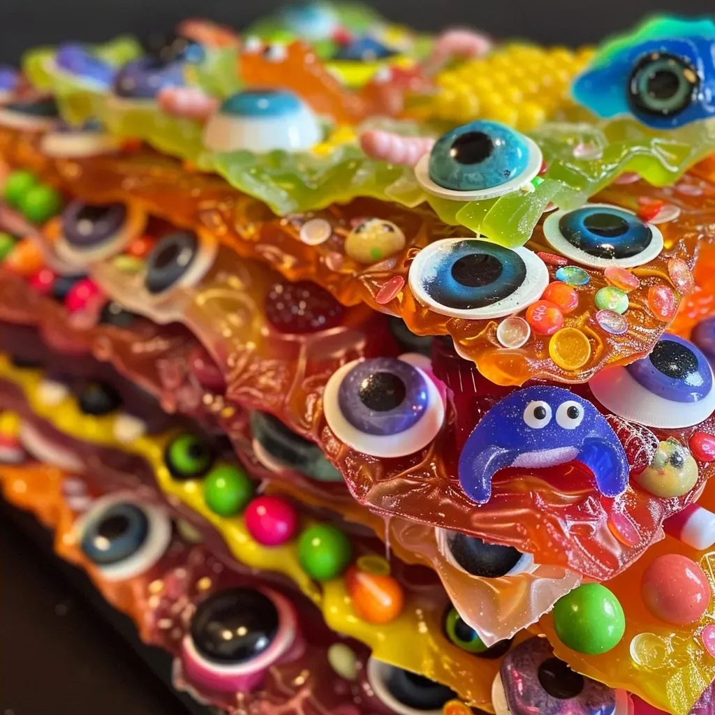 Detailed side view of Creepy Cauldron Bark featuring vibrant candy melts and various candies.