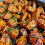 Close-up of crispy roasted sweet potato cubes, golden brown and well-seasoned.