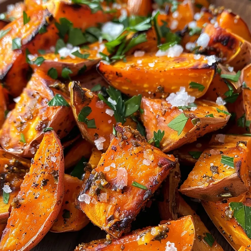 Side view of perfectly roasted sweet potatoes, showcasing their crispy exterior and vibrant color.