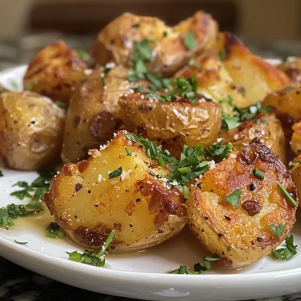 Side view of golden-brown smashed potatoes, glistening with olive oil and herbs.