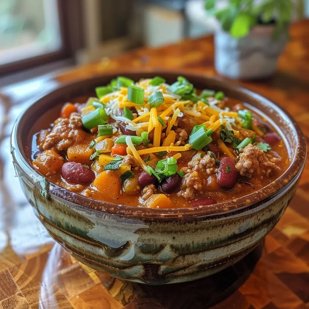 Close-up view of delicious Crock Pot Pumpkin Chili garnished with sour cream and diced peppers.