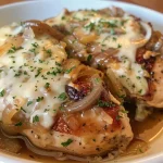 Close-up of a juicy Crockpot French Onion Chicken dish topped with melted cheese.