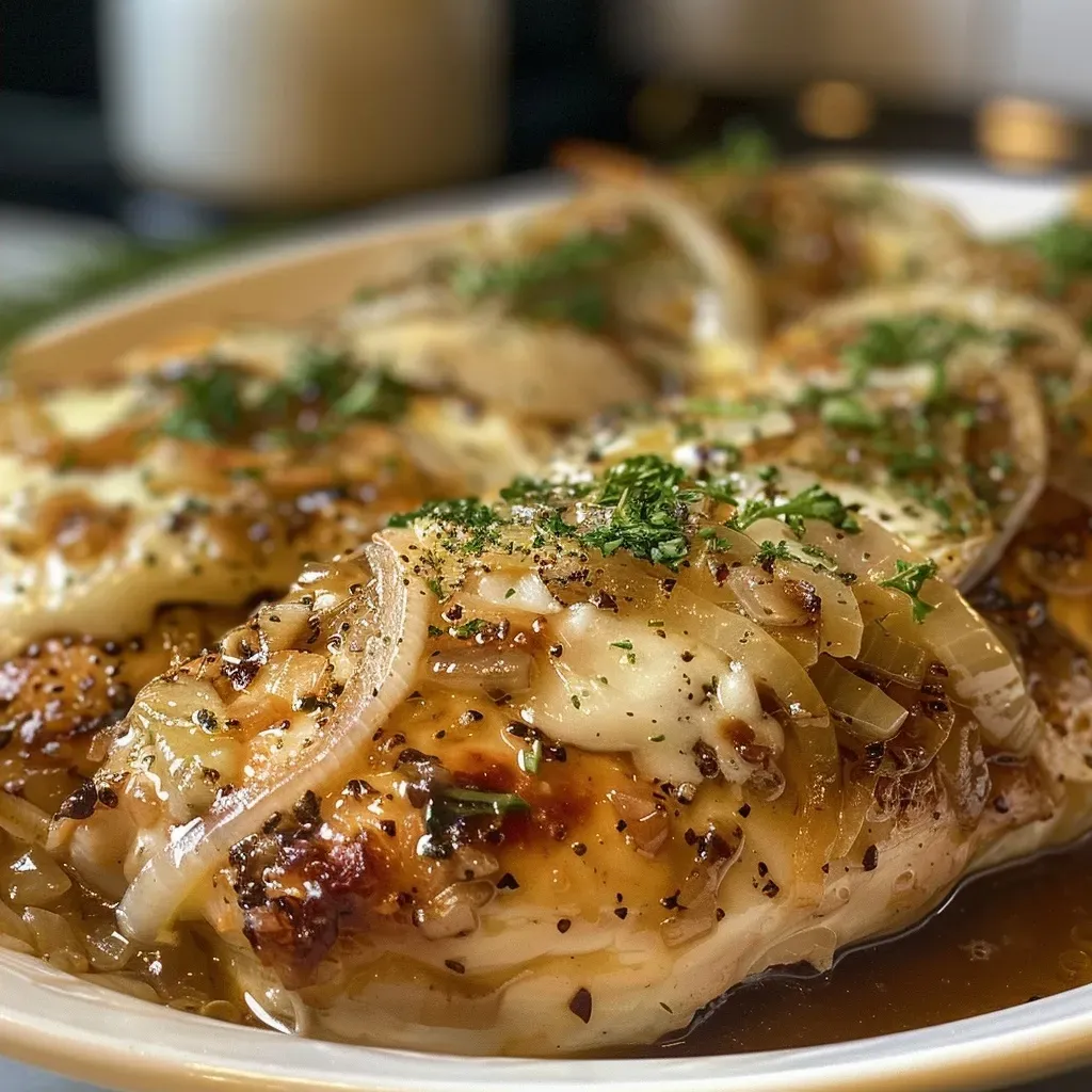 Side view of tender chicken breasts in rich onion gravy with cheese topping.