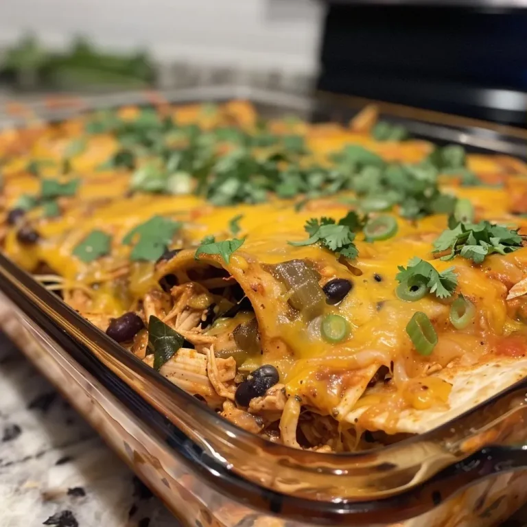 A Cozy Enchilada Casserole That Turns Dinner into a Family Fiesta Close-up view of a delicious chicken enchilada casserole topped with cheese and herbs.