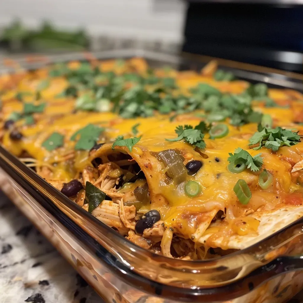 Close-up view of a delicious chicken enchilada casserole topped with cheese and herbs.